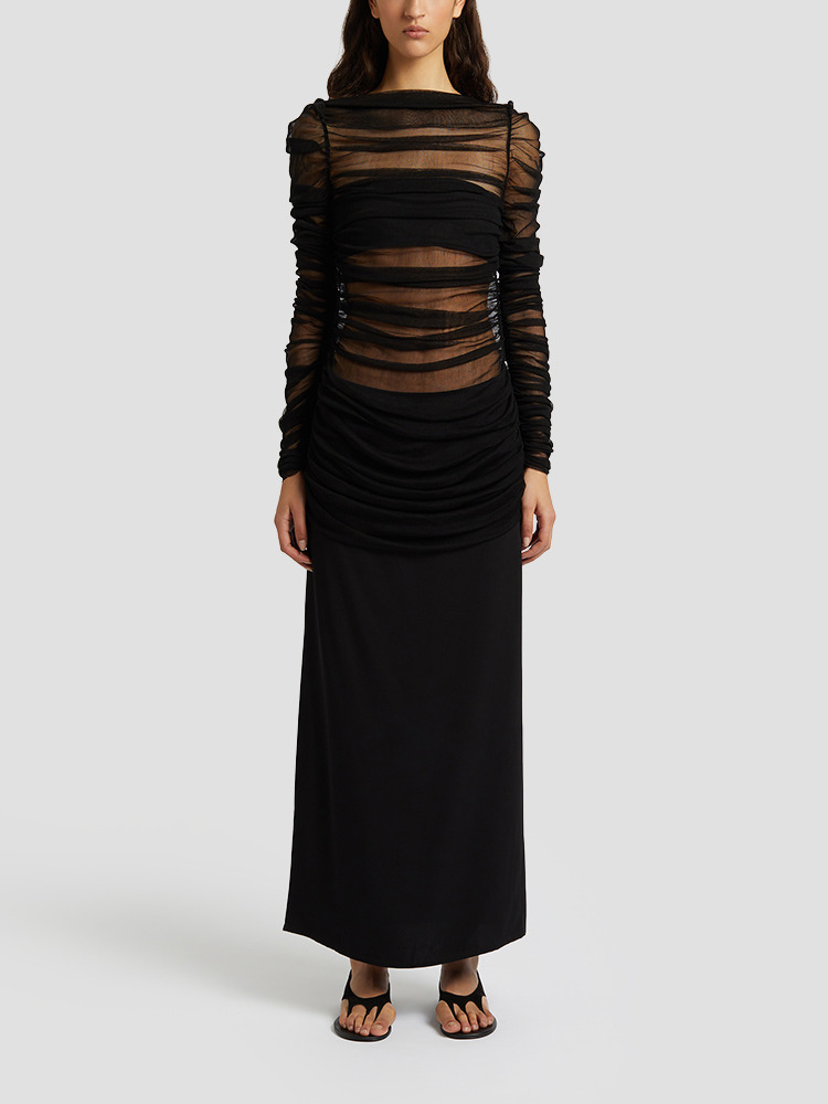 BLACK LONG SLEEVE TULLE COLUMN DRESS  크리스토퍼 에스버 블랙 롱 슬리브 튤 콜럼 드레스 - 아데쿠베